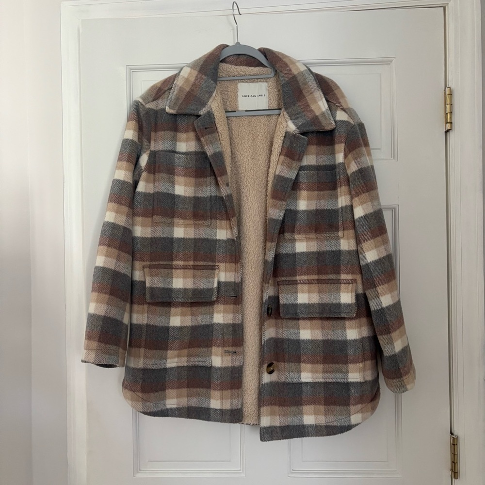 American Eagle Outfitters Plaid Teddy Jacket - Brown and Cream